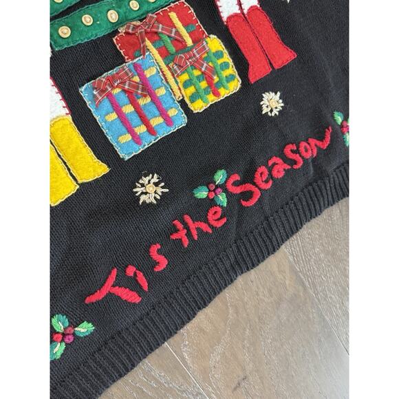 VTG Christmas Sweater Pullover Black Embroidered Beaded XLNutcracker Ugly party - Picture 3 of 5